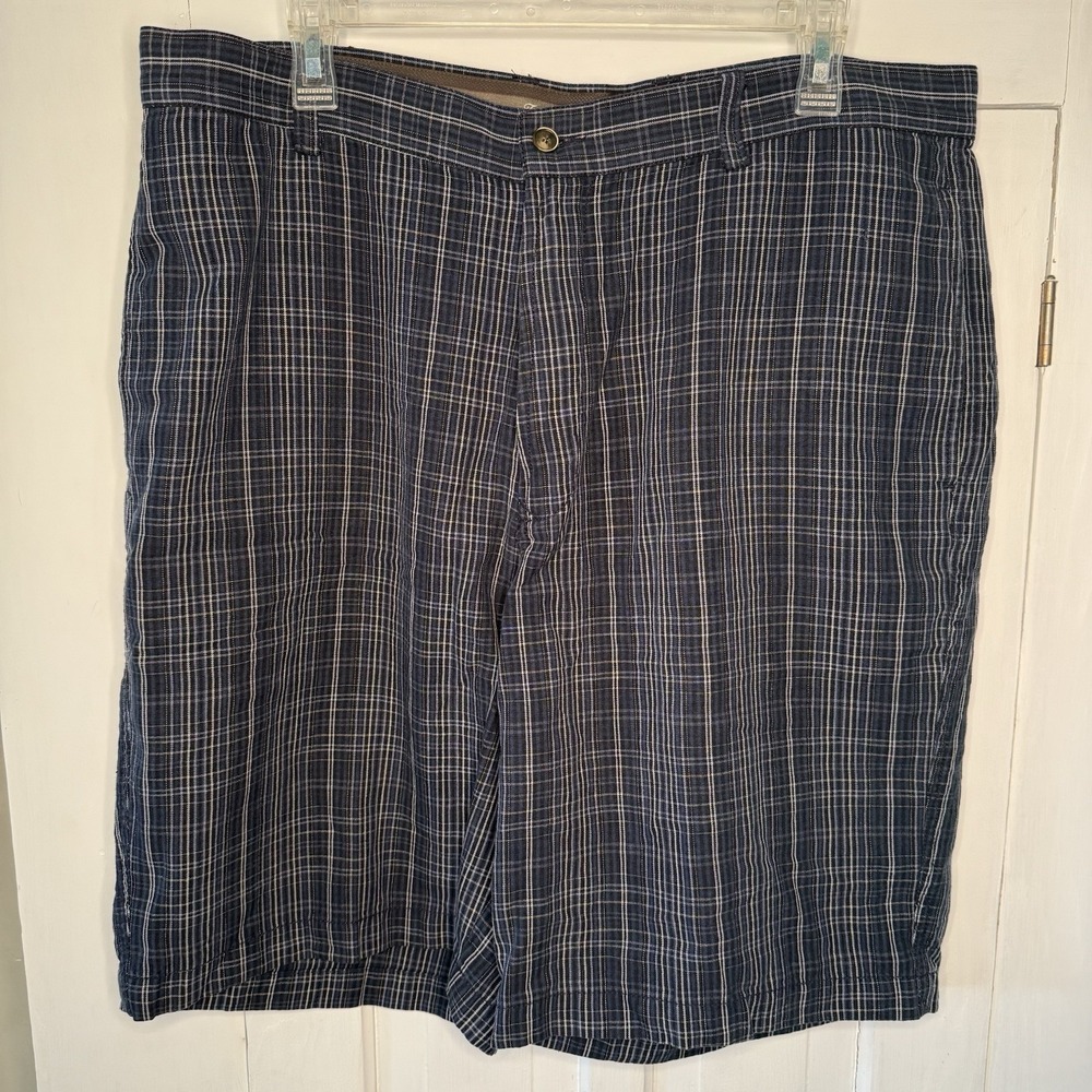 Tommy Bahama Silk & Linen Size 38 Men's Shorts Blue Plaid Striped Pockets Beach